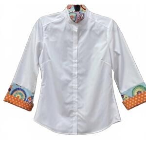 NEW PEARLY VINE women's beth bell sleeve shirt in white with pink & orange trim